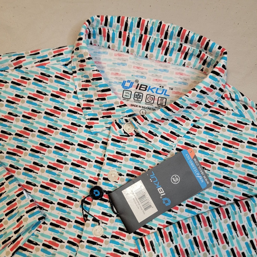 Ibkul Men's Polo Shirt Size Large All Over Print Wine Glasses‎ Bottles NWT SS